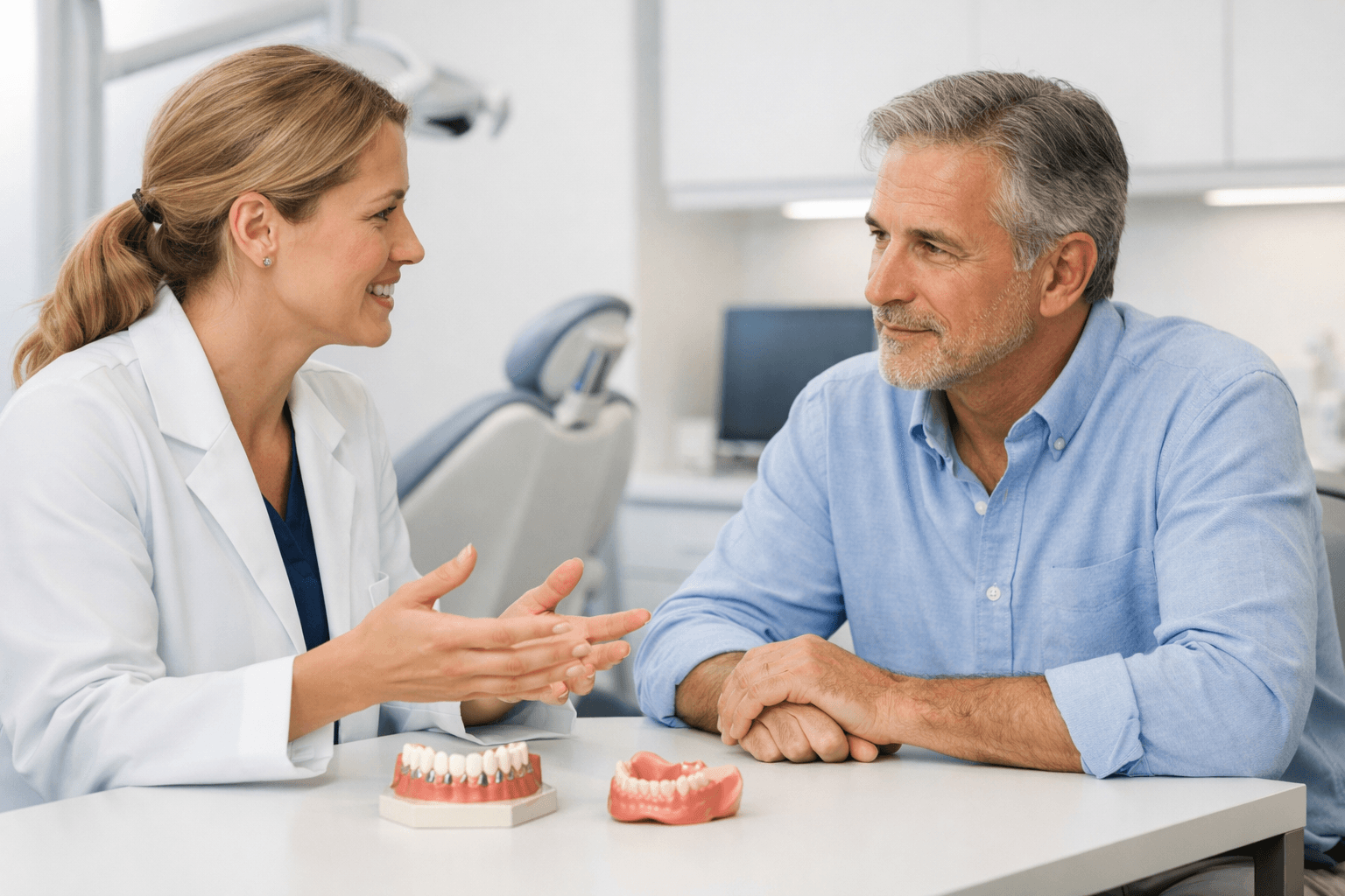 Dental consultation about All-on-4 implants and complete dentures