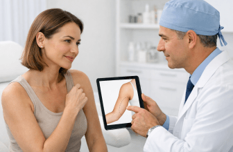 Patient discussing upper-arm contouring options with a surgeon