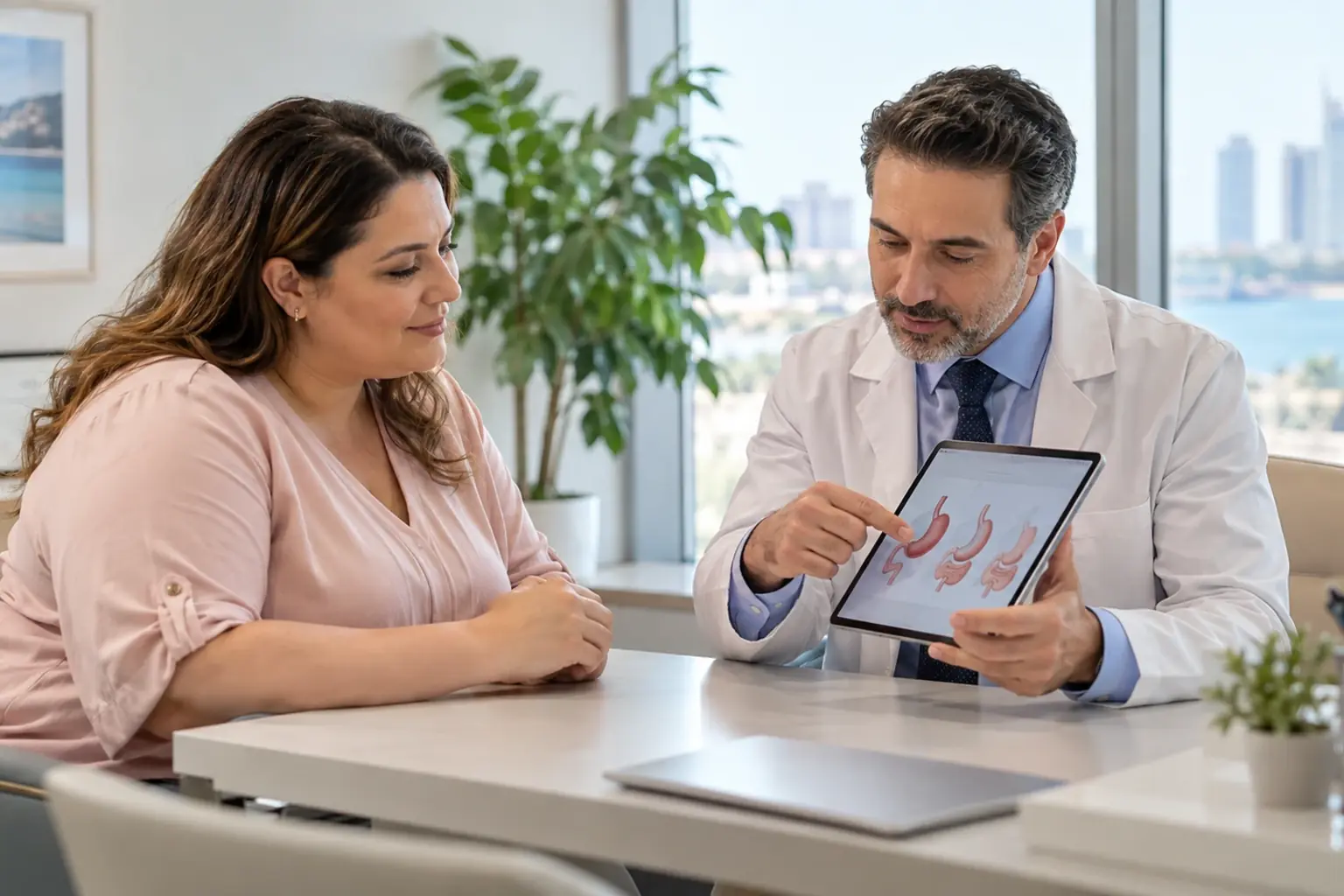 Adult patient discussing bariatric treatment options with a physician