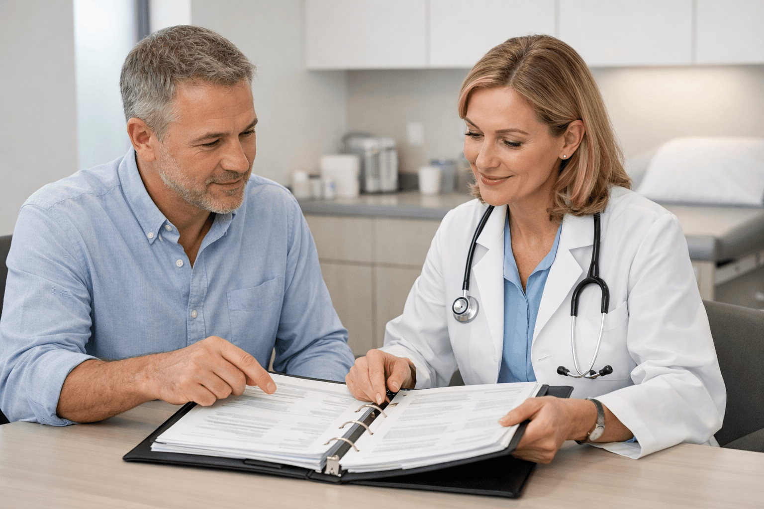 Patient reviewing medical records with a healthcare professional