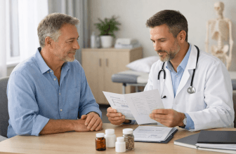 Patient and clinician reviewing bariatric follow-up records
