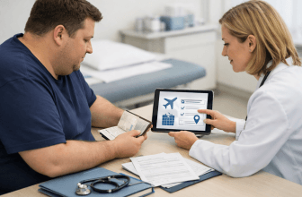 Patient reviewing medical travel insurance with a healthcare professional