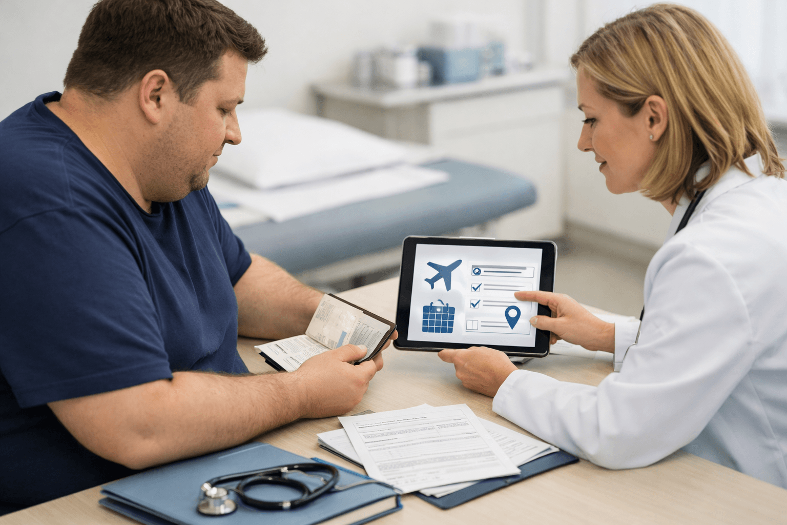 Patient reviewing medical travel insurance with a healthcare professional