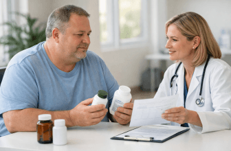 Patient discussing supplements and blood test results with a clinician