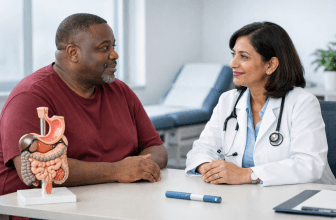 Patient discussing bariatric surgery and GLP-1 treatment with a physician