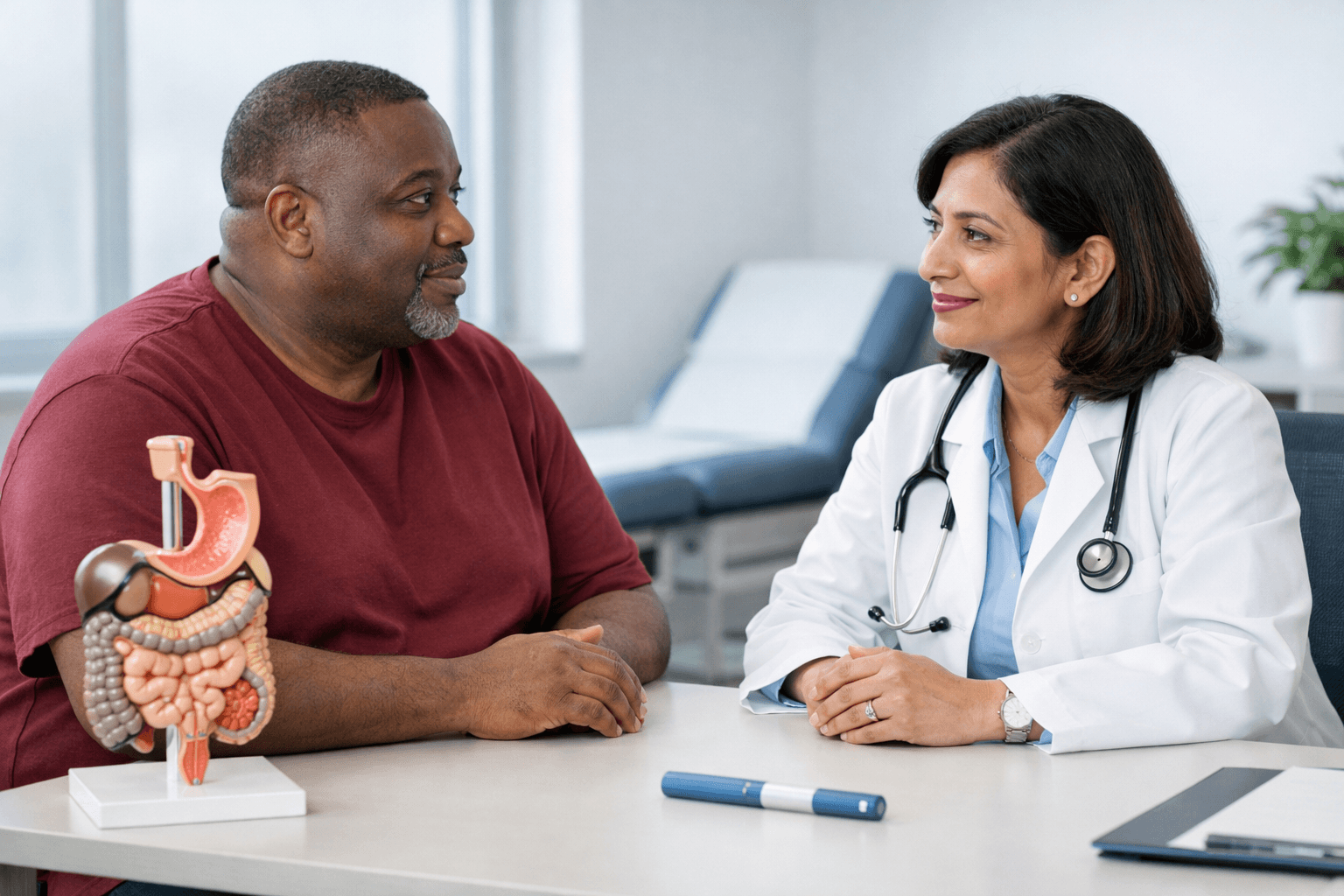 Patient discussing bariatric surgery and GLP-1 treatment with a physician