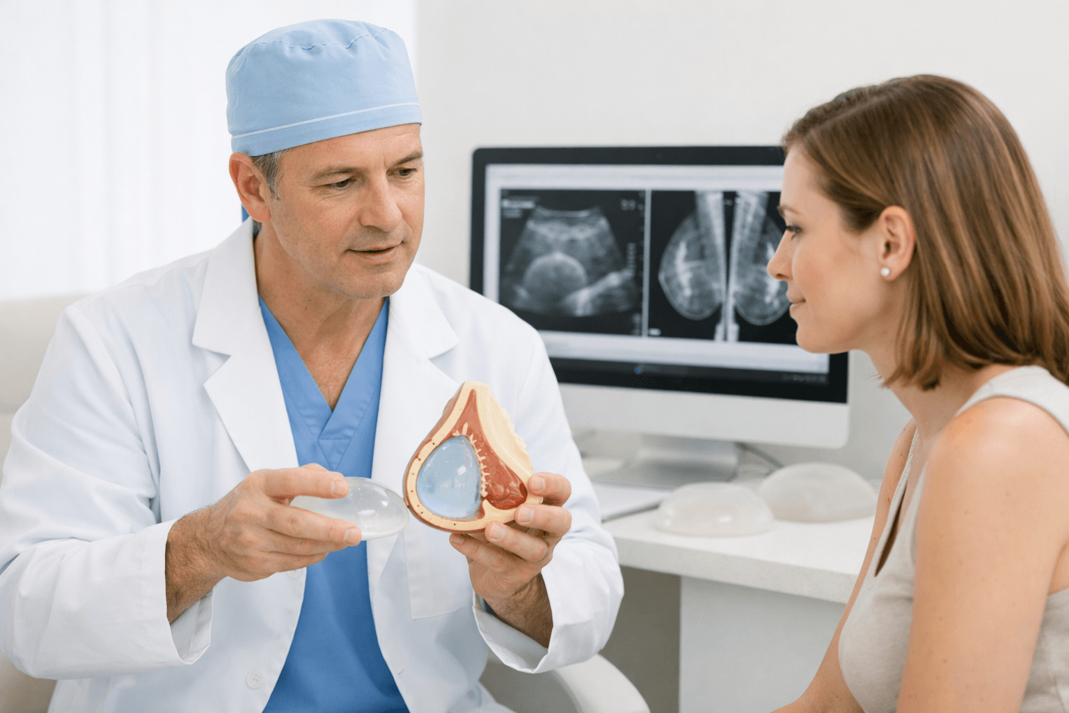 Plastic surgery consultation about breast implant concerns