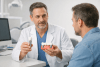 Dentist discussing dental bridge and implant options with a patient