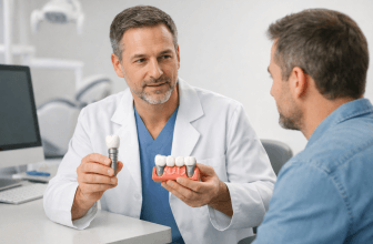 Dentist discussing dental bridge and implant options with a patient
