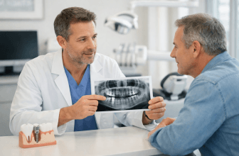Dentist discussing a dental implant assessment with a patient
