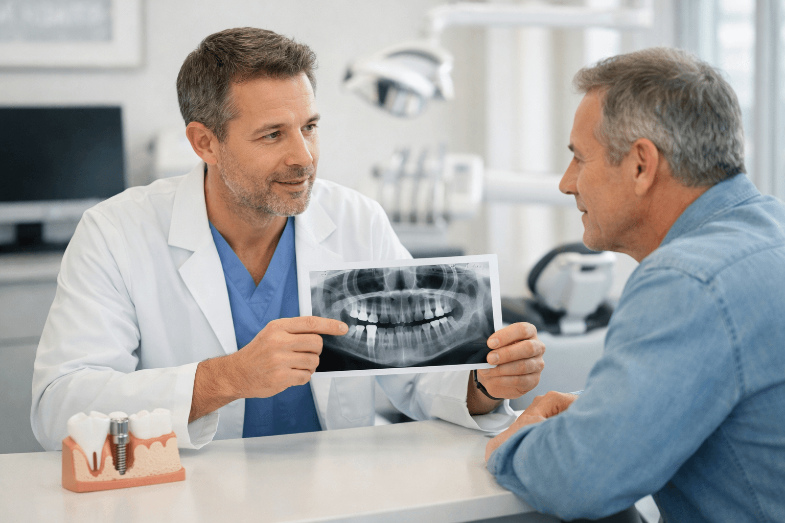 Dentist discussing a dental implant assessment with a patient