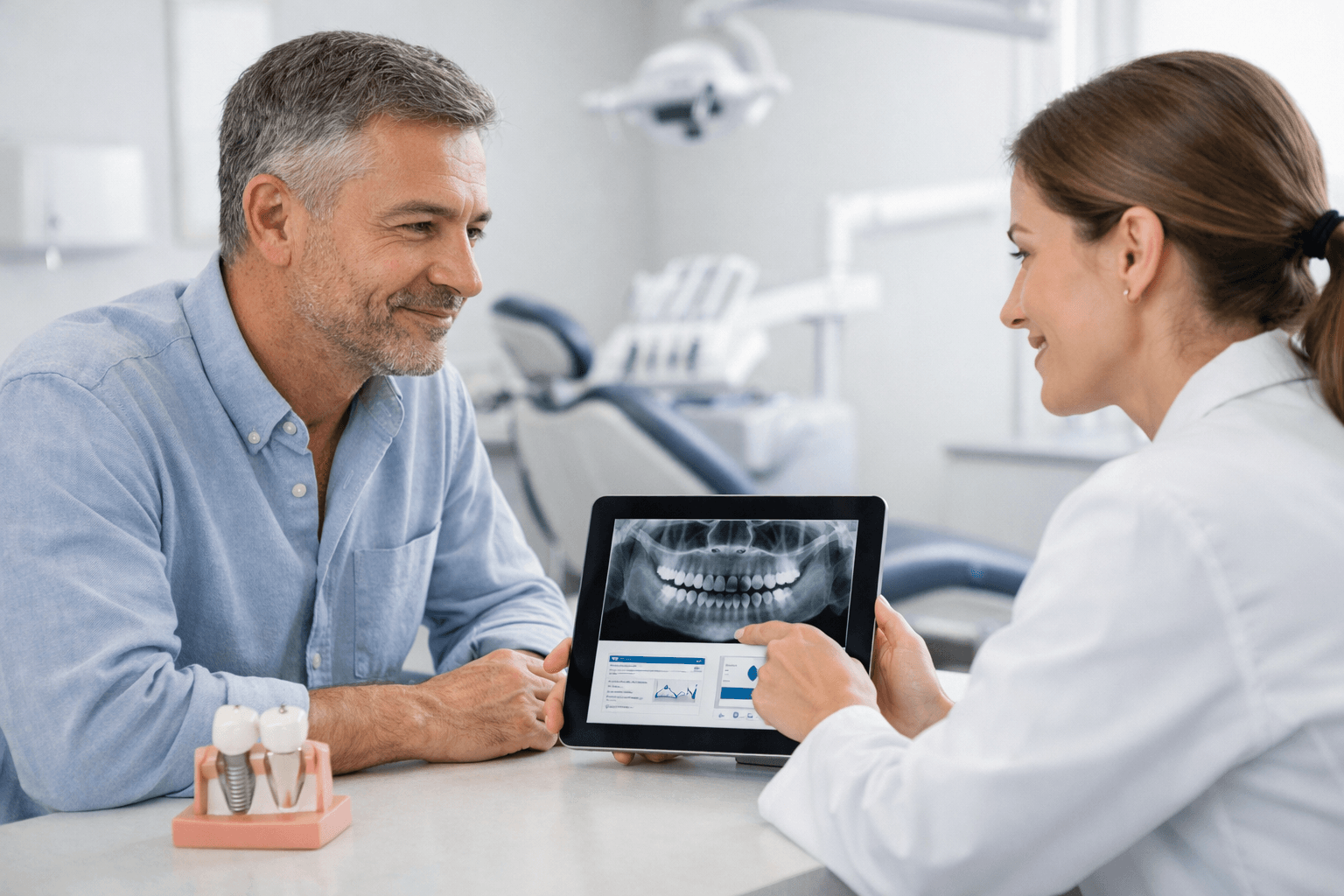Patient discussing dental implant treatment with a dentist
