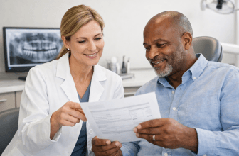 Dentist and patient reviewing a dental treatment plan