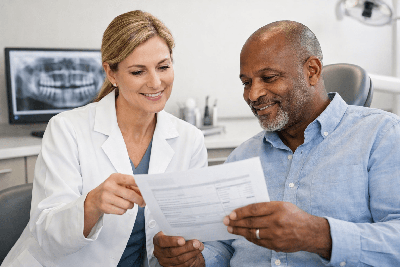 Dentist and patient reviewing a dental treatment plan