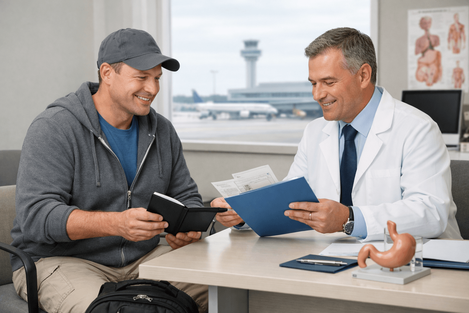 Patient discussing post-bariatric surgery travel plans with a surgeon