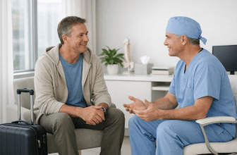 Patient discussing postoperative travel plans with a surgeon