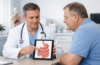 Bariatric surgeon discussing gastric sleeve and gastric bypass options with a patient