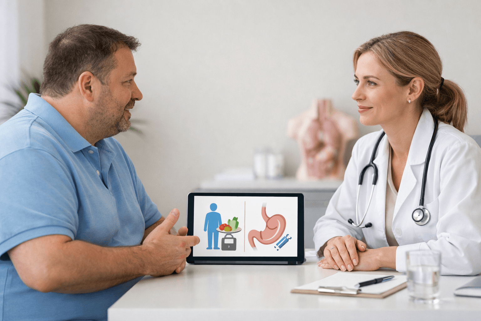 Patient discussing gastric sleeve and gastric balloon options with a clinician.