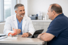 Bariatric surgeon discussing gastric sleeve and gastric bypass options with a patient