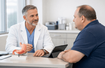 Bariatric surgeon discussing gastric sleeve and gastric bypass options with a patient