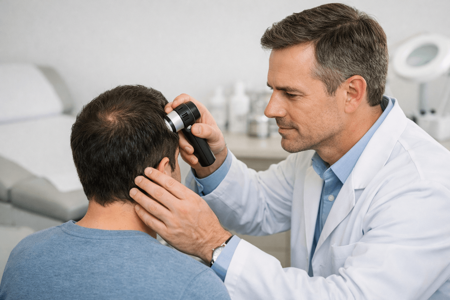 Hair restoration consultation with scalp assessment