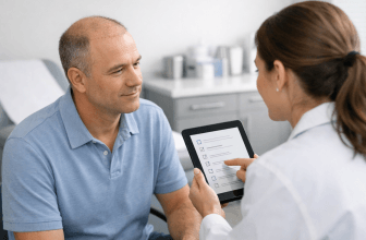 Patient discussing hair transplant recovery care with a clinician