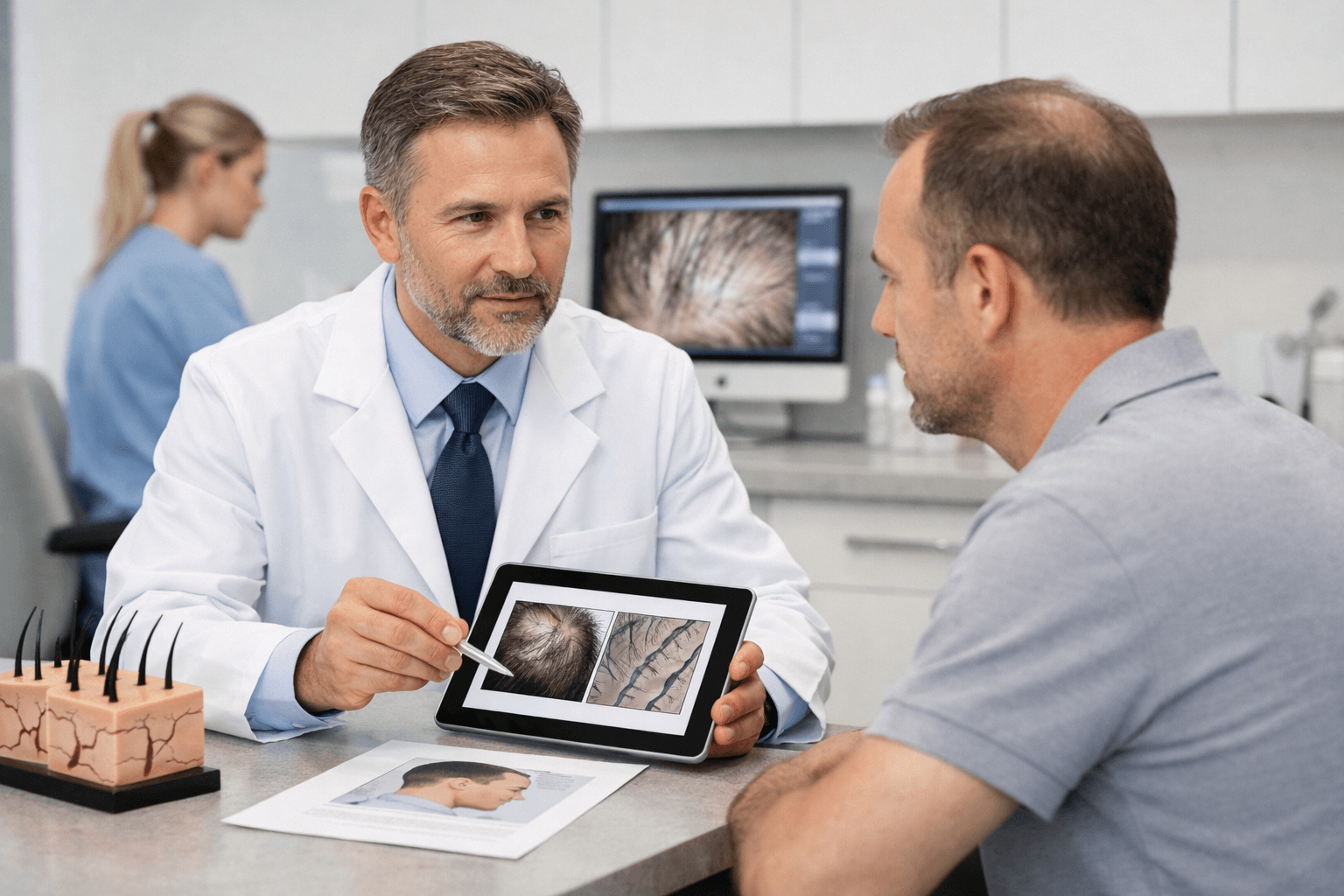 Physician and patient discussing a hair transplant treatment plan