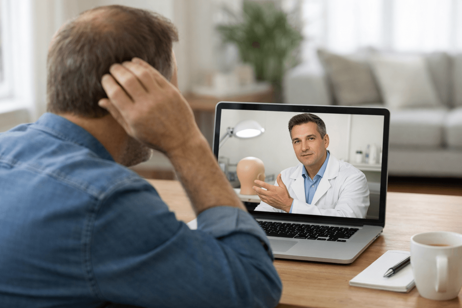 Patient attending a remote hair transplant consultation