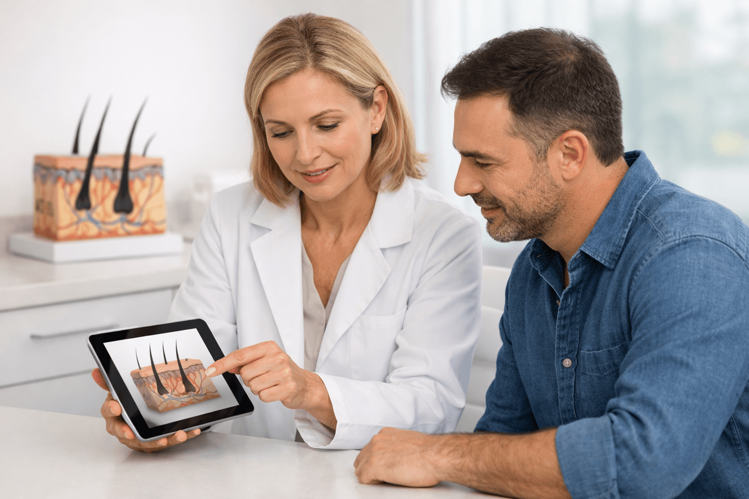 Clinician discussing hair loss treatment options with a patient