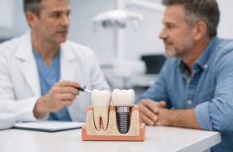 Dentist discussing dental implant components with a patient