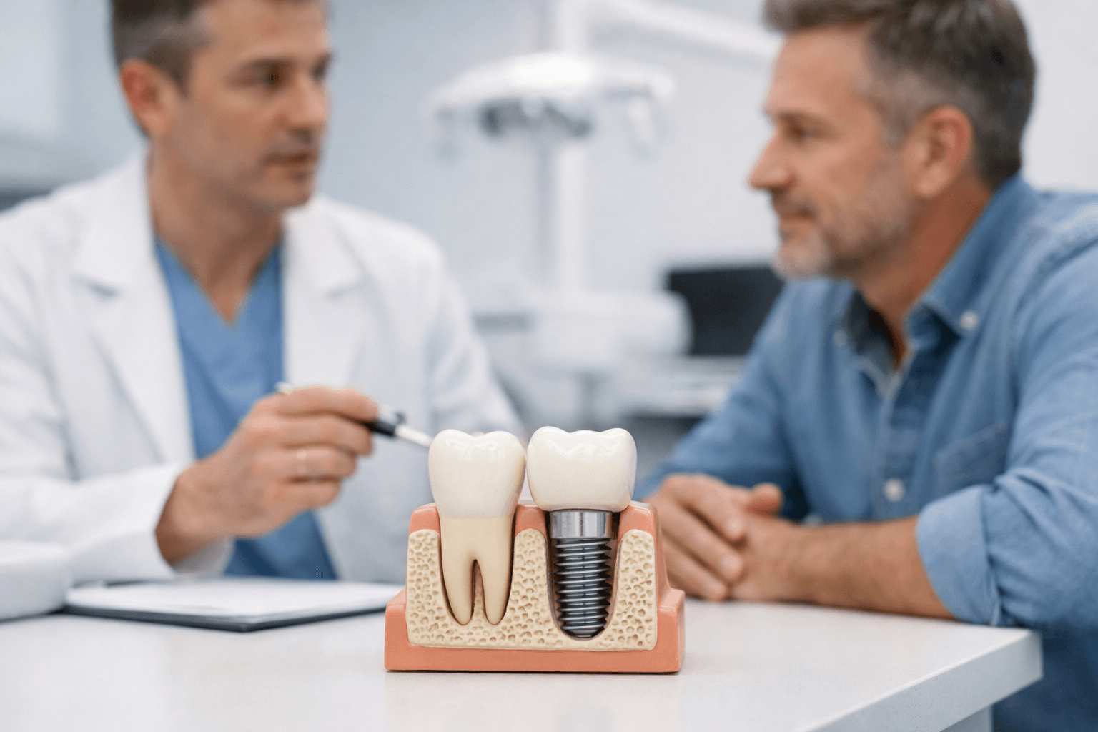 Dentist discussing dental implant components with a patient
