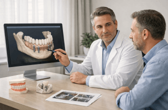 Dentist and patient reviewing dental implant treatment planning.