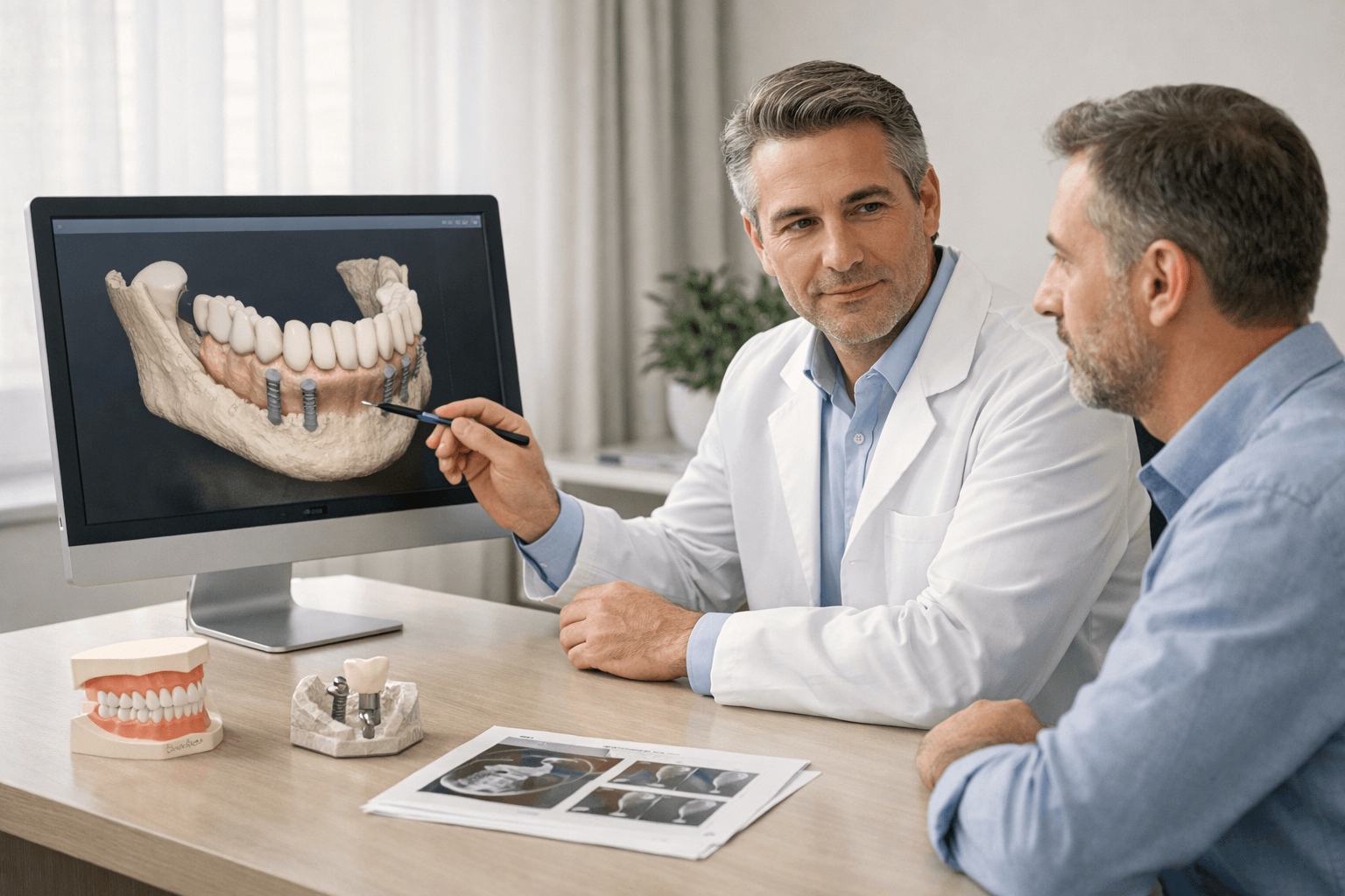 Dentist and patient reviewing dental implant treatment planning.