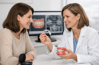 Orthodontist discussing clear aligners and braces with a patient