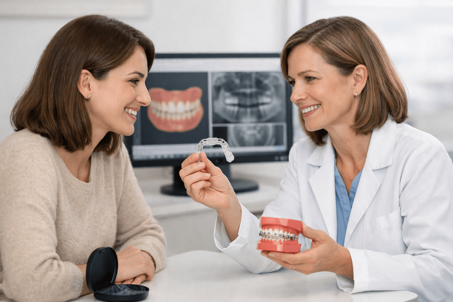 Orthodontist discussing clear aligners and braces with a patient