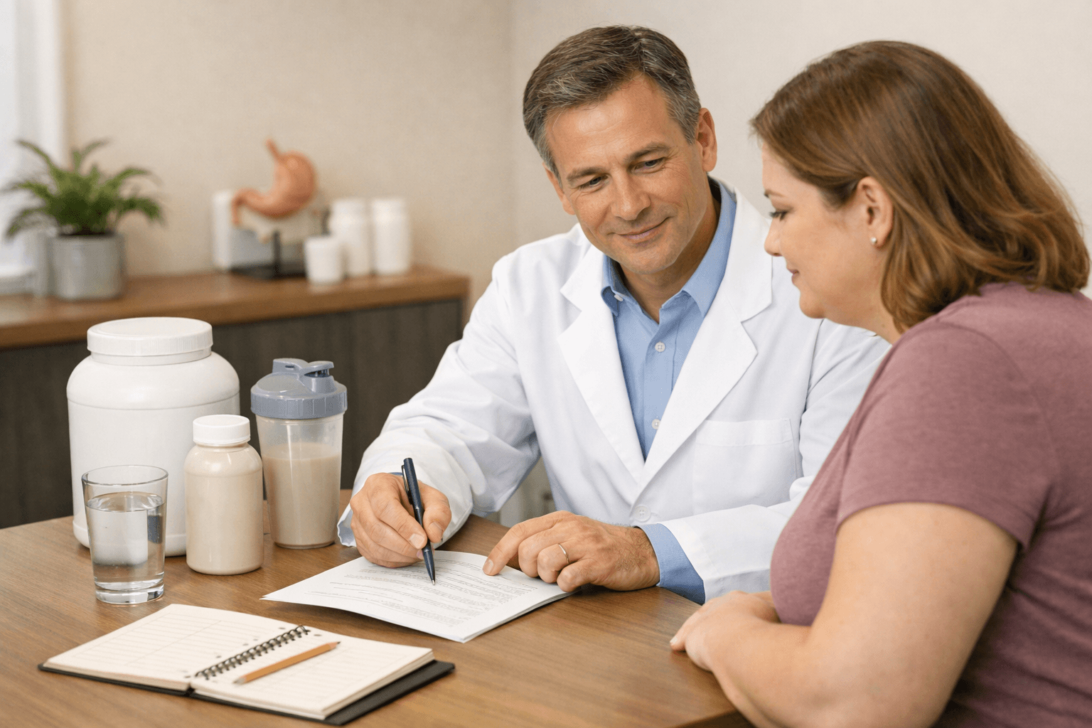 Bariatric clinician discussing a preoperative nutrition plan with a patient