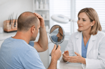 Patient discussing scalp healing after a hair transplant with a clinician