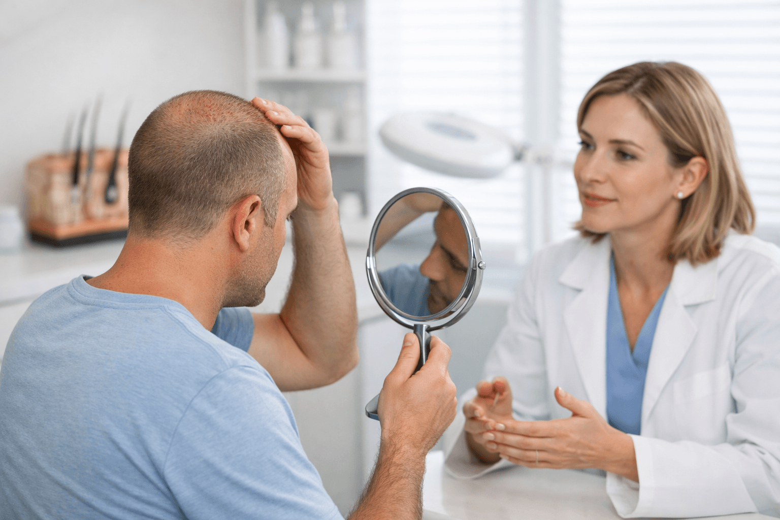 Patient discussing scalp healing after a hair transplant with a clinician