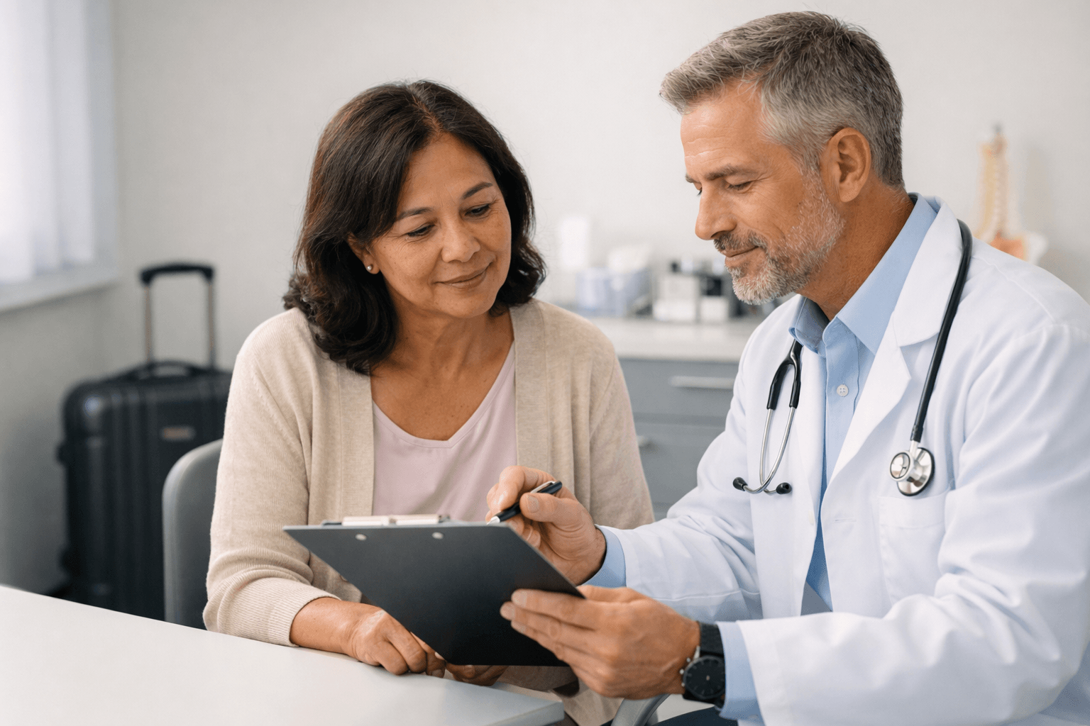 International patient discussing a surgical care checklist with a doctor