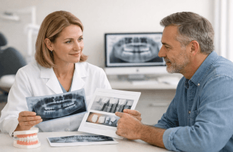 Dentist reviewing dental treatment records with a patient