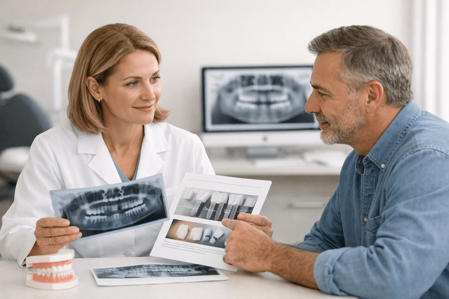Dentist reviewing dental treatment records with a patient