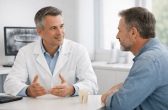 Dentist discussing root canal and implant treatment options with a patient