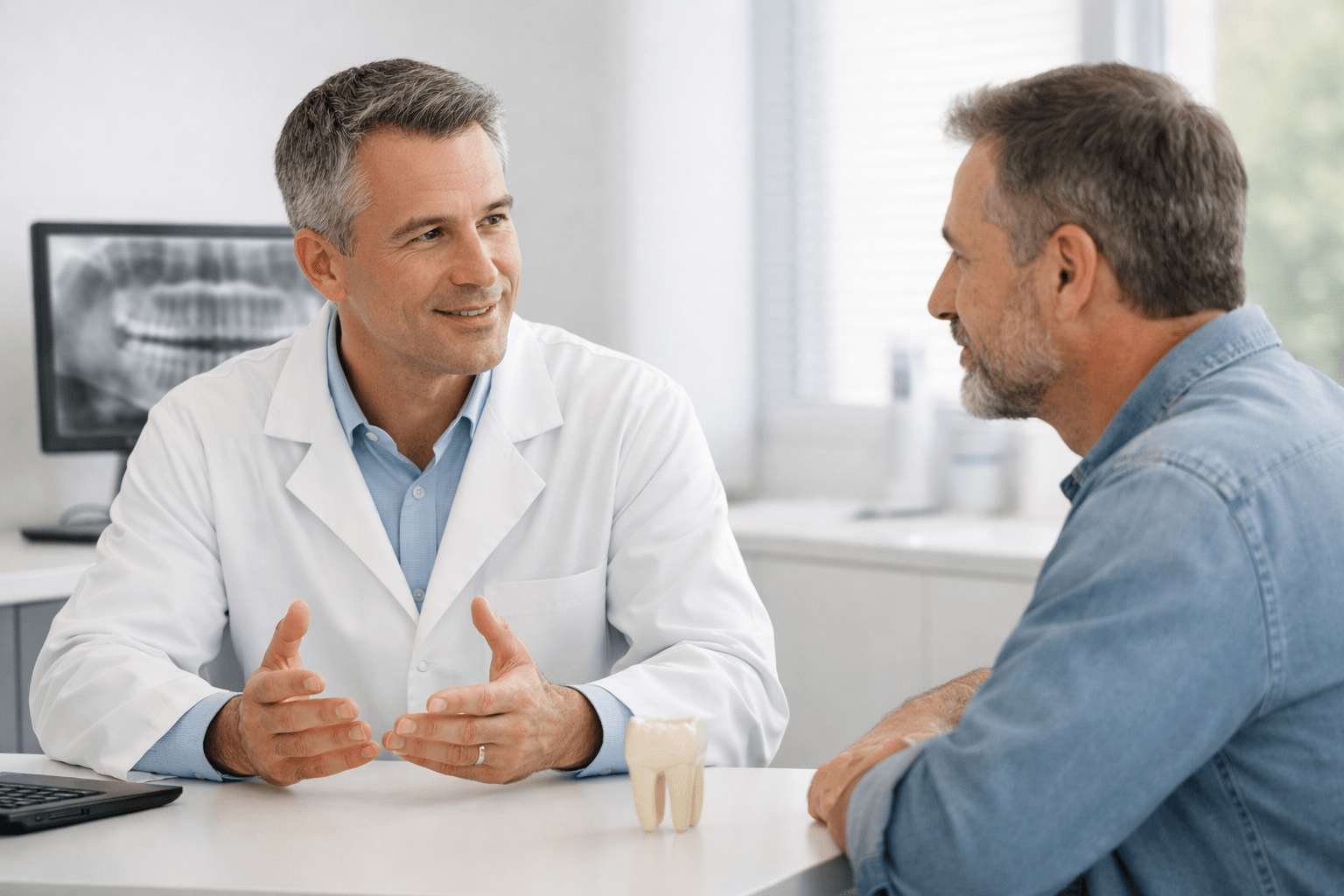 Dentist discussing root canal and implant treatment options with a patient