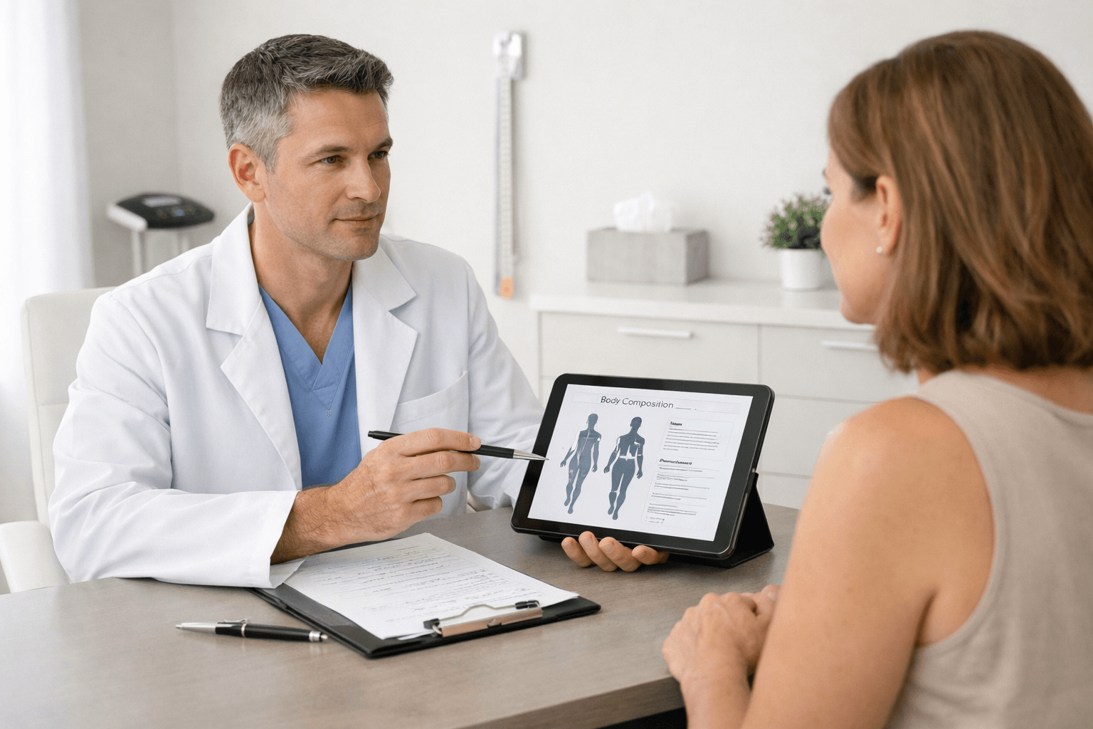 Plastic surgery consultation discussing BMI and preoperative assessment