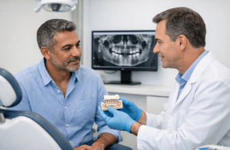 Patient discussing a dental implant treatment plan with a dentist
