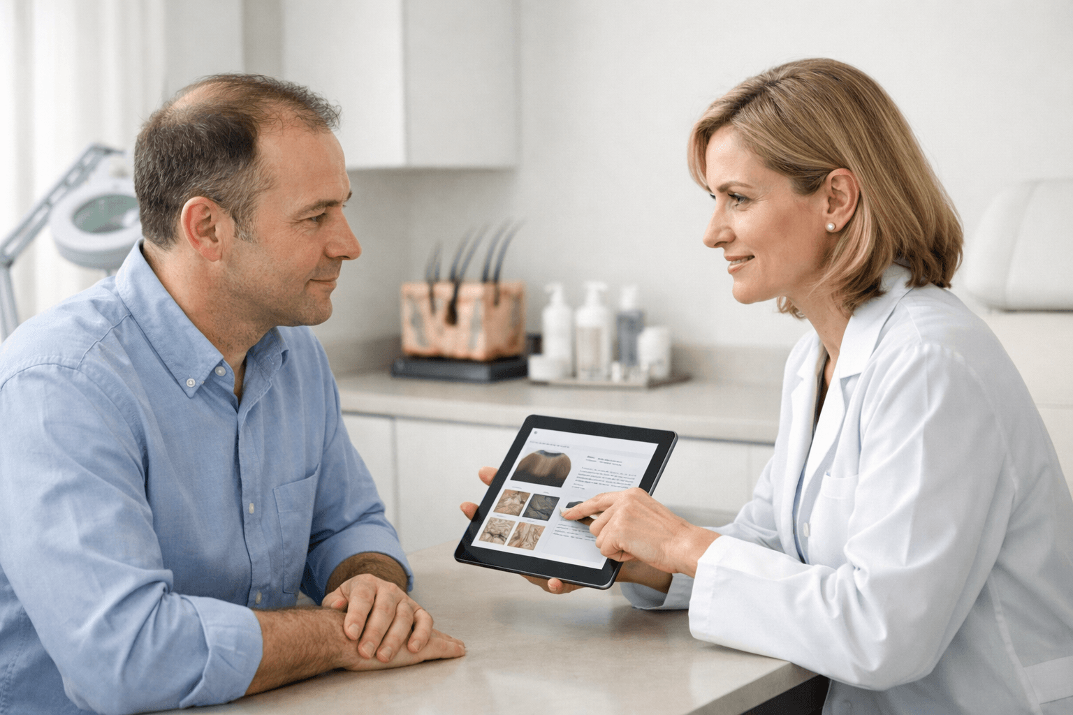 Patient discussing hair transplant safety with a clinician