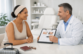 International patient discussing plastic surgery travel plans with a clinician