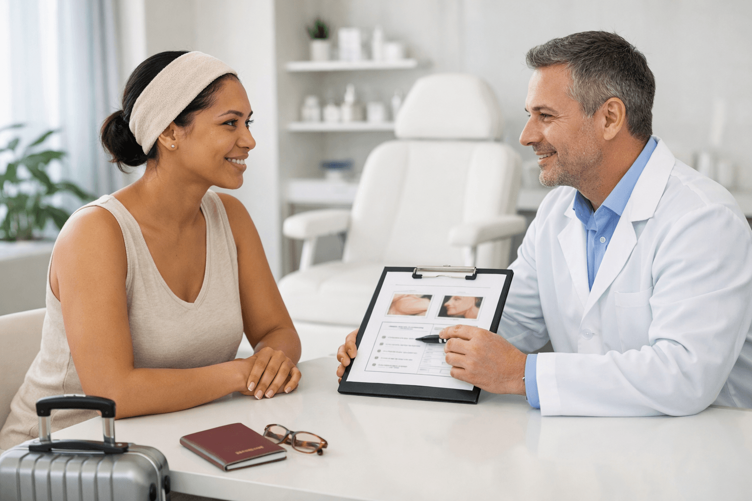 International patient discussing plastic surgery travel plans with a clinician