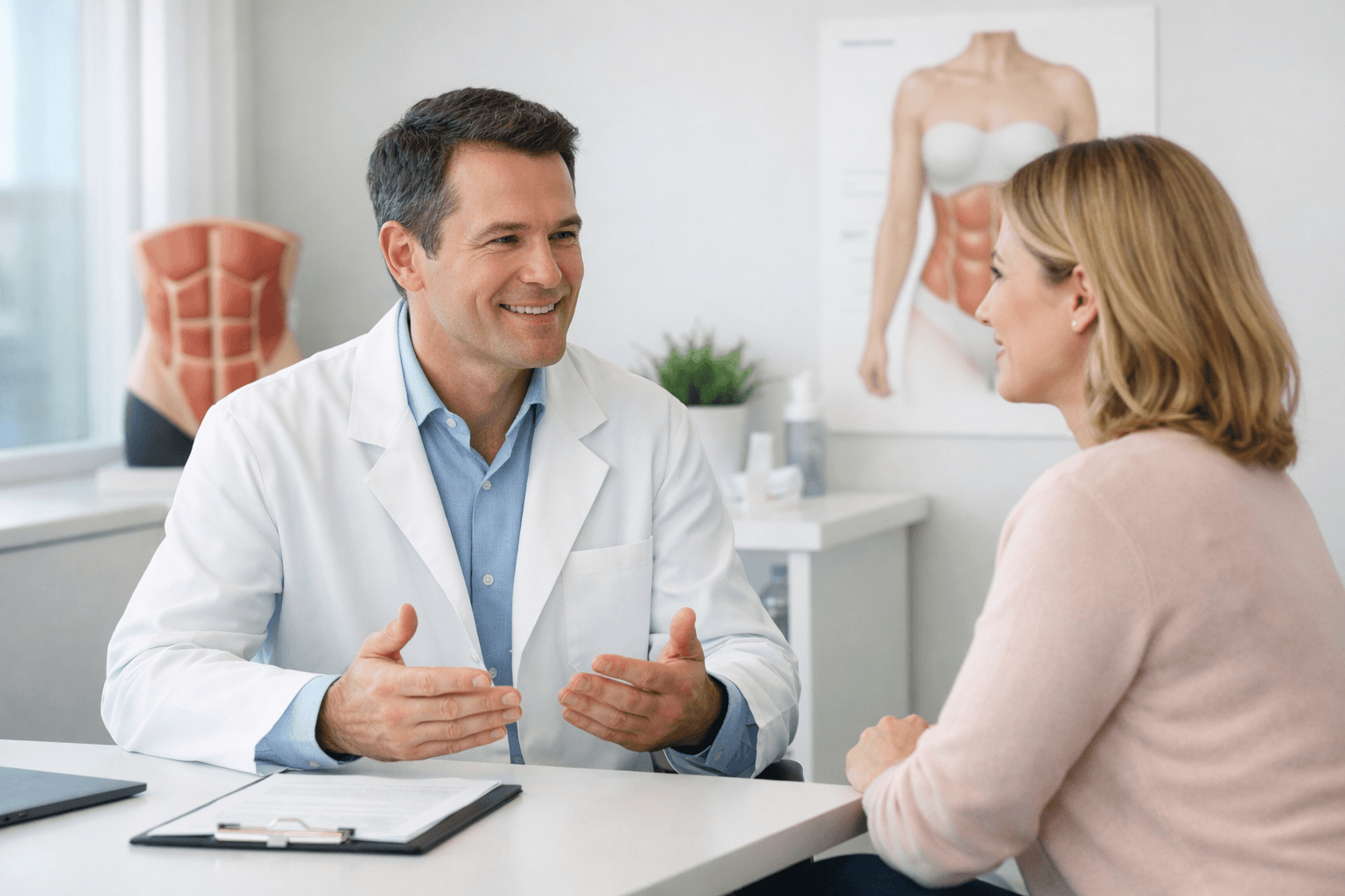 Plastic surgery consultation about abdominal contouring options