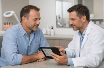 Patient discussing a hair transplant treatment plan with a clinician